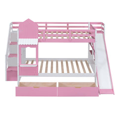 Bellemave® Twin Over Twin Kids Bunk Bed with Slide & Storage Stairs, Wooden Castle Bunk Bed with 2 Drawers and 3 Shelves for Kids Girls Boys - Bellemave