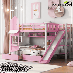 Bellemave® Twin Over Twin Kids Bunk Bed with Slide & Storage Stairs, Wooden Castle Bunk Bed with 2 Drawers and 3 Shelves for Kids Girls Boys - Bellemave