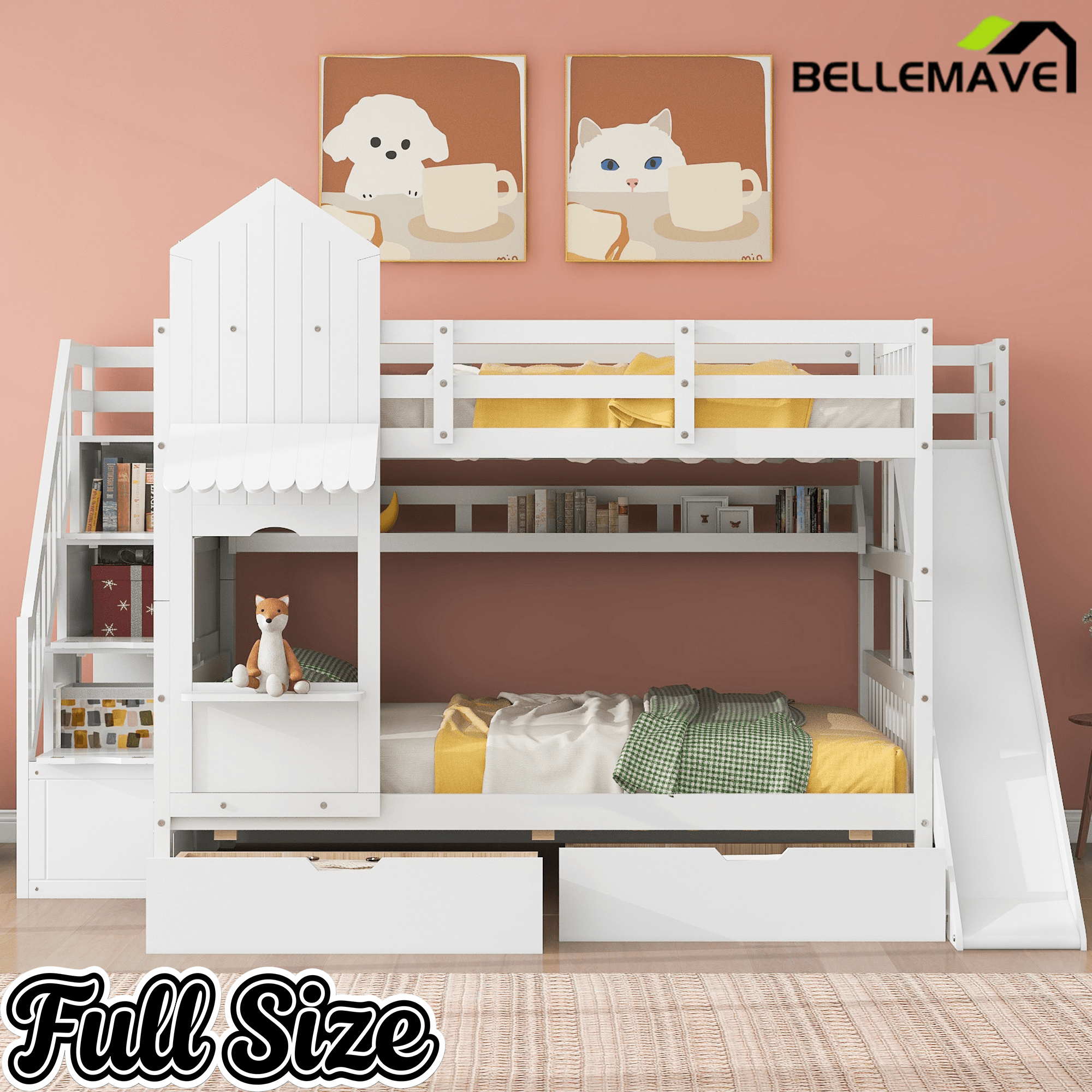 Bellemave® Twin Over Twin Kids Bunk Bed with Slide & Storage Stairs, Wooden Castle Bunk Bed with 2 Drawers and 3 Shelves for Kids Girls Boys - Bellemave