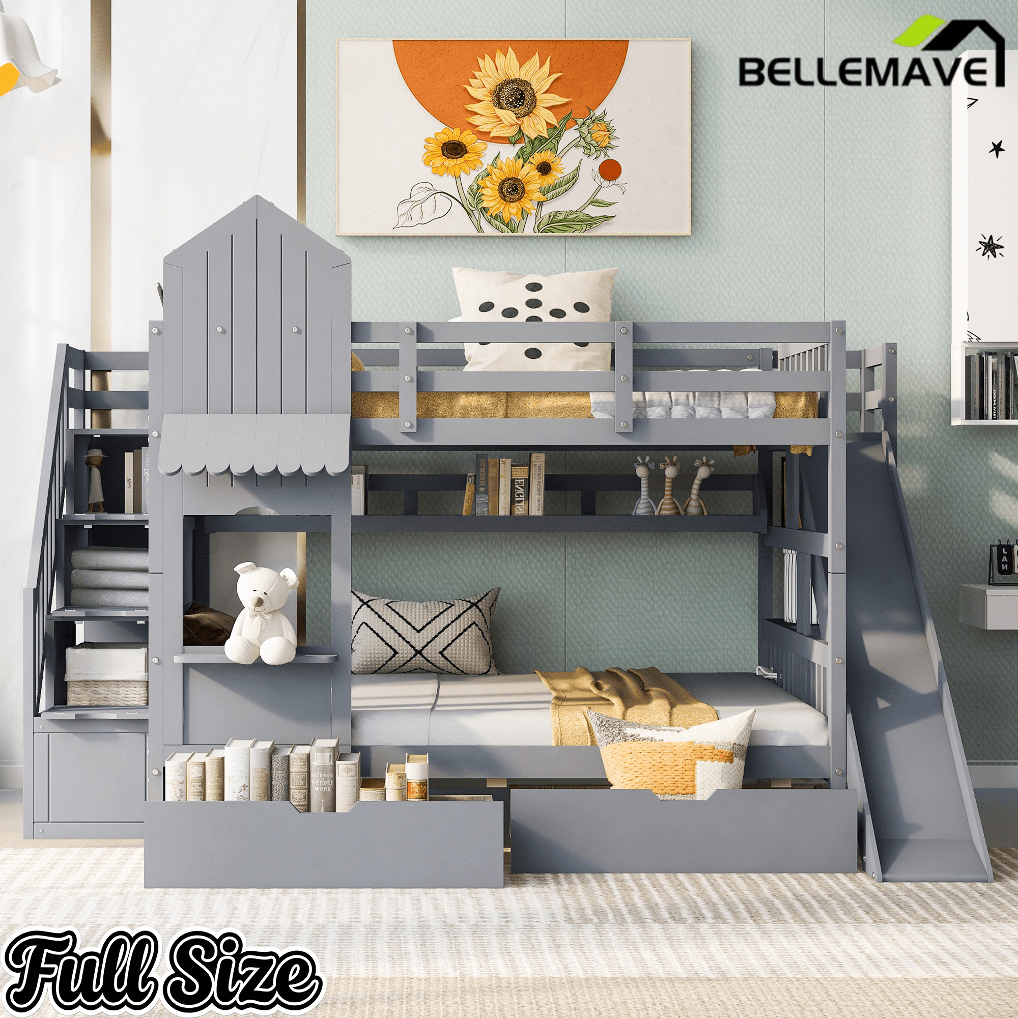 Bellemave® Twin Over Twin Kids Bunk Bed with Slide & Storage Stairs, Wooden Castle Bunk Bed with 2 Drawers and 3 Shelves for Kids Girls Boys - Bellemave