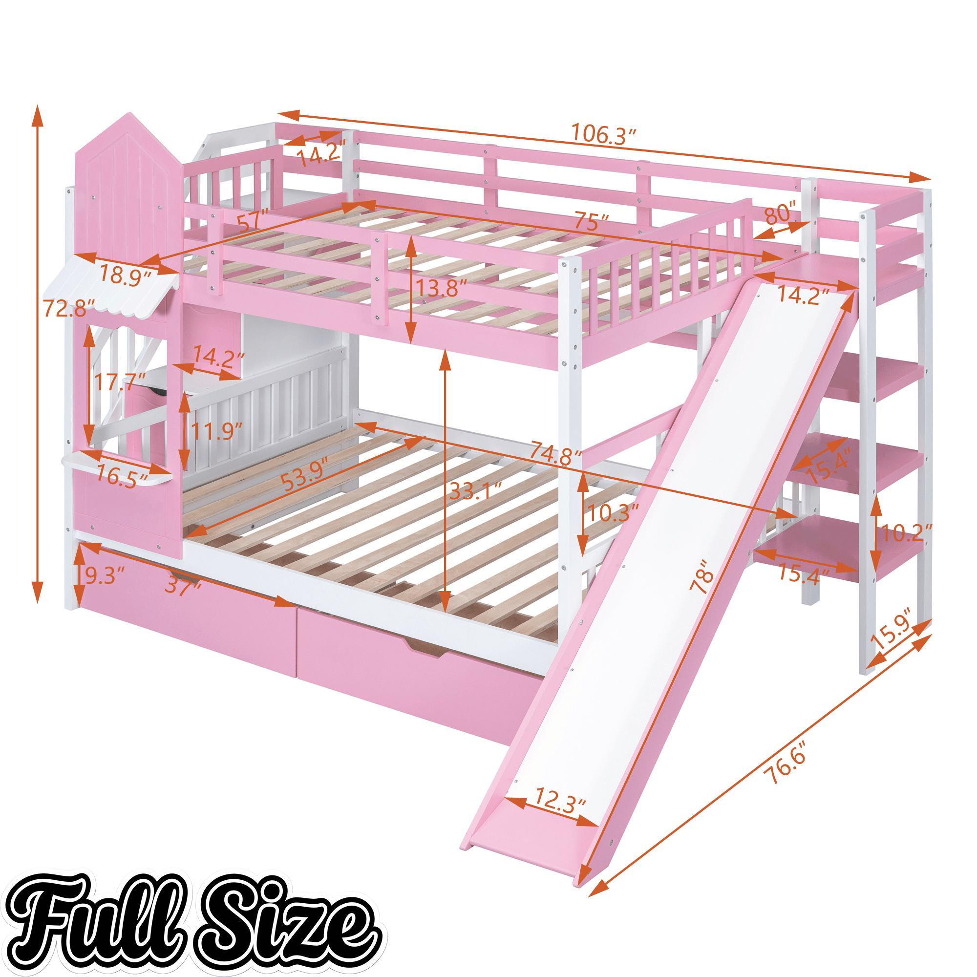 Bellemave® Twin Over Twin Kids Bunk Bed with Slide & Storage Stairs, Wooden Castle Bunk Bed with 2 Drawers and 3 Shelves for Kids Girls Boys - Bellemave