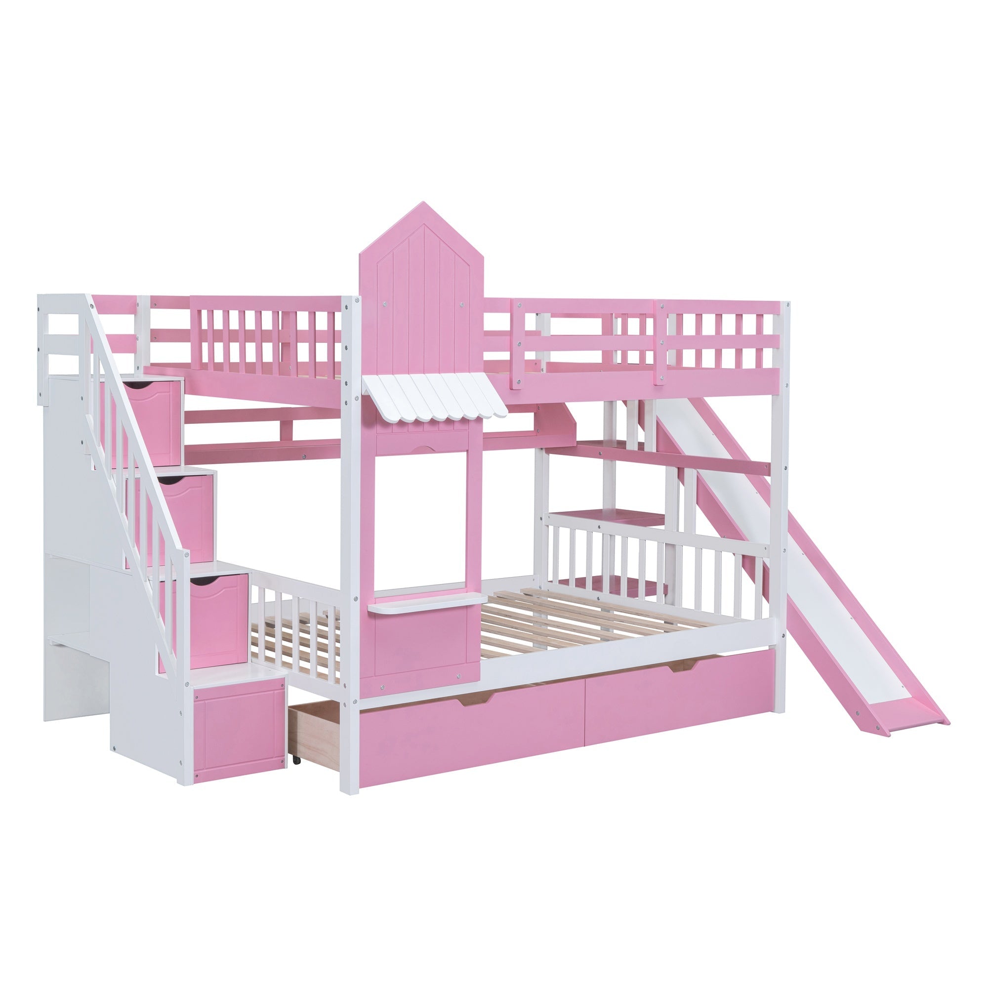 Bellemave® Twin Over Twin Kids Bunk Bed with Slide & Storage Stairs, Wooden Castle Bunk Bed with 2 Drawers and 3 Shelves for Kids Girls Boys - Bellemave