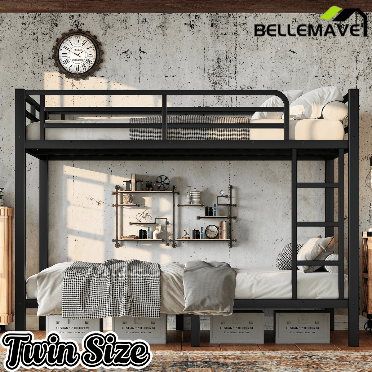 Bellemave® Twin over Twin Metal Bunk Beds for Kids Teens Adults, Heavy - duty Metal Bunk Bed Frame with Guardrail, Ladder & Under - bed Storage, Space - saving/Noise - reduce, Black - Bellemave