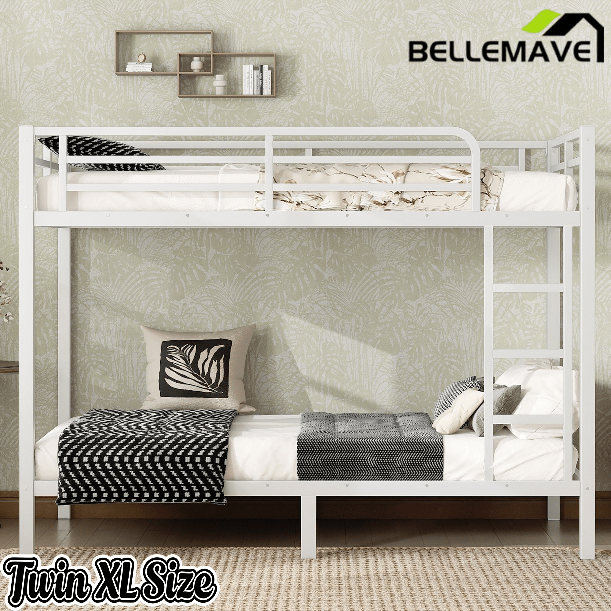Bellemave® Twin over Twin Metal Bunk Beds for Kids Teens Adults, Heavy - duty Metal Bunk Bed Frame with Guardrail, Ladder & Under - bed Storage, Space - saving/Noise - reduce, Black - Bellemave