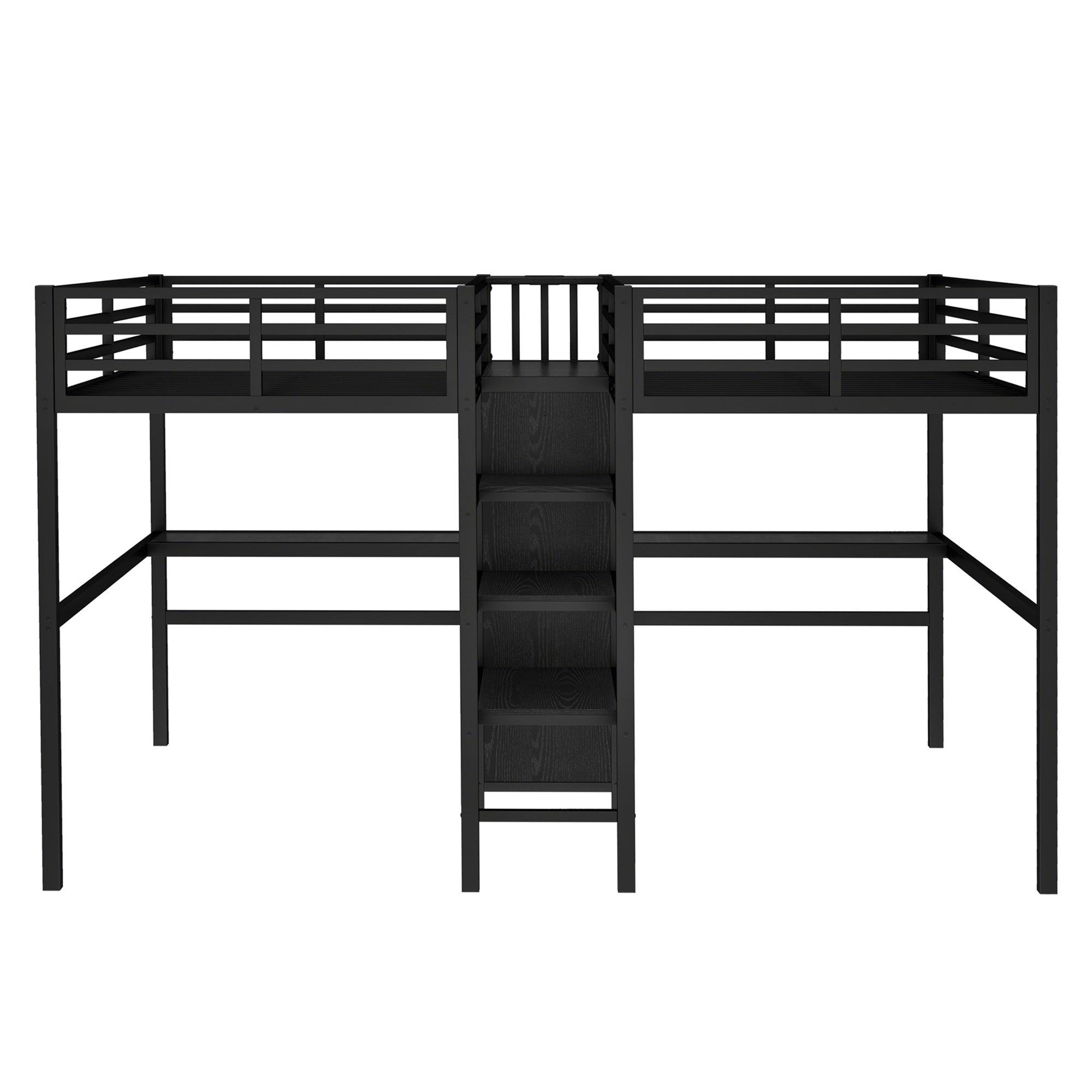 Bellemave® Twin Over Twin Metal Loft Bed with Desk,Wardrobe & Charging Station and Shelves for 2 Kids,Woodgrain - Bellemave