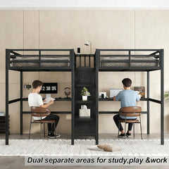 Bellemave® Twin Over Twin Metal Loft Bed with Desk,Wardrobe & Charging Station and Shelves for 2 Kids,Woodgrain - Bellemave