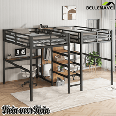 Bellemave® Twin Over Twin Metal Loft Bed with Desk,Wardrobe & Charging Station and Shelves for 2 Kids,Woodgrain - Bellemave