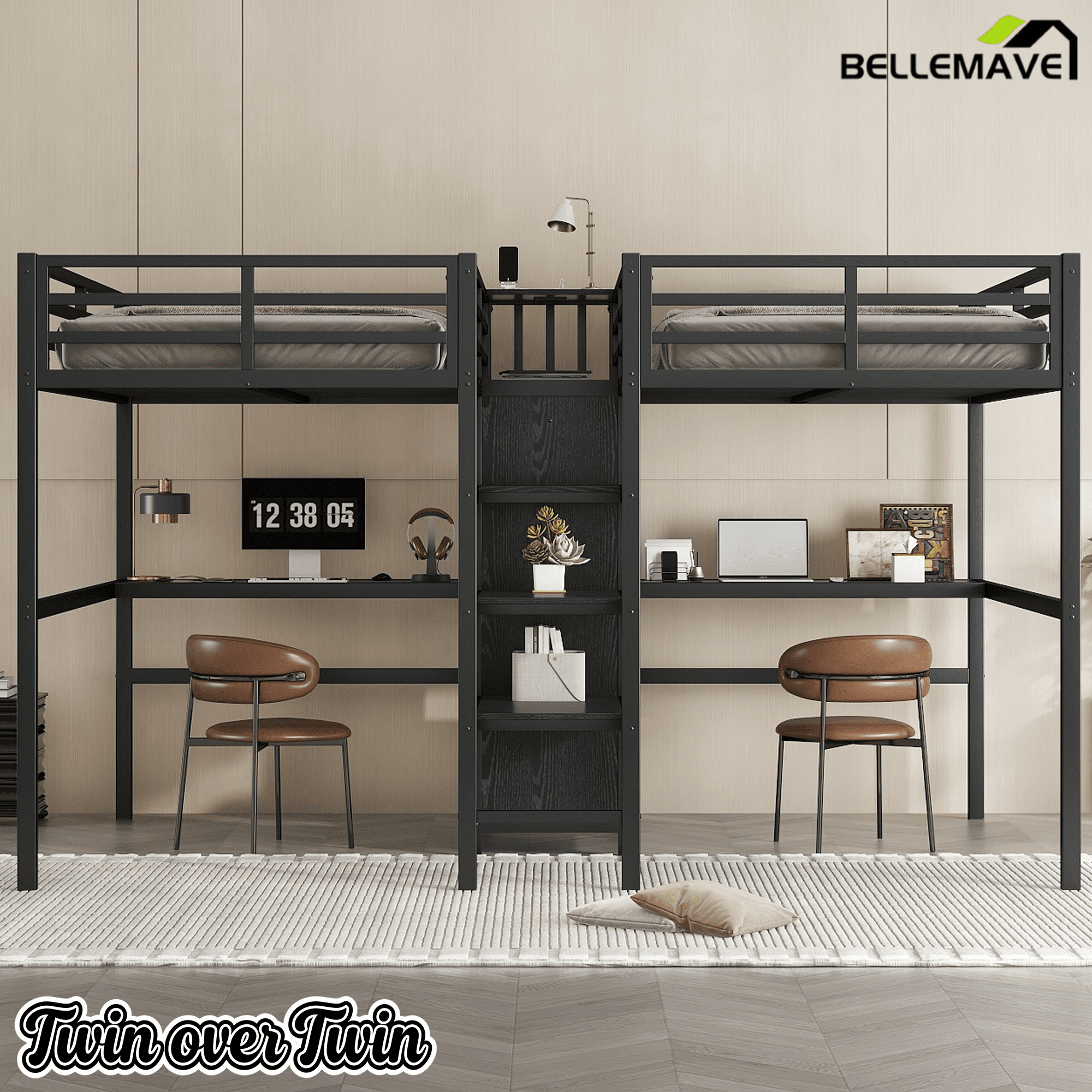 Bellemave® Twin Over Twin Metal Loft Bed with Desk,Wardrobe & Charging Station and Shelves for 2 Kids,Woodgrain - Bellemave