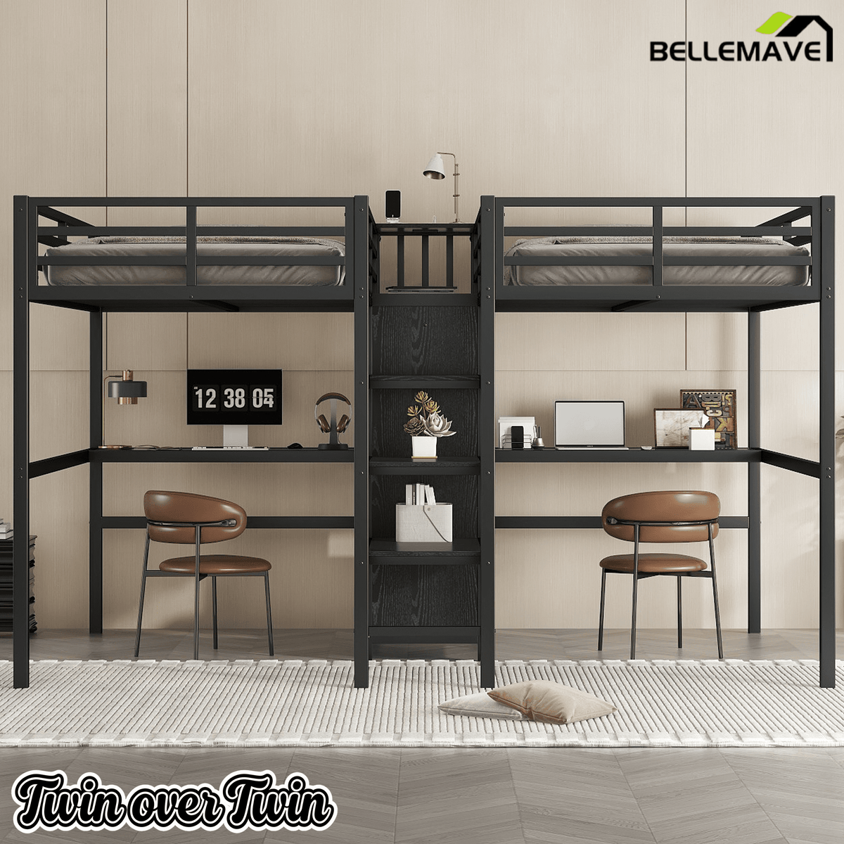 Bellemave® Twin Over Twin Metal Loft Bed with Desk,Wardrobe & Charging Station and Shelves for 2 Kids,Woodgrain - Bellemave