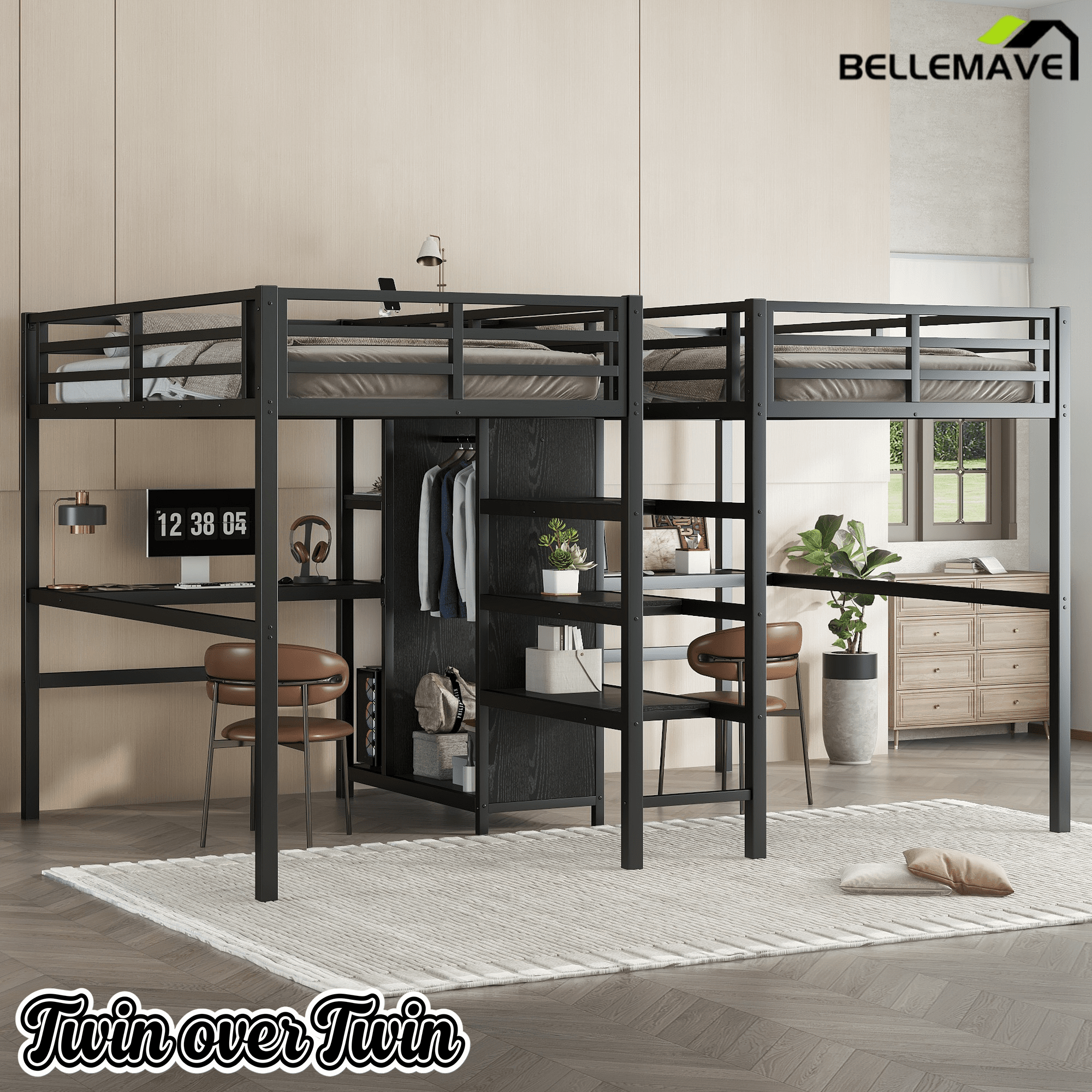 Bellemave® Twin Over Twin Metal Loft Bed with Desk,Wardrobe & Charging Station and Shelves for 2 Kids,Woodgrain - Bellemave