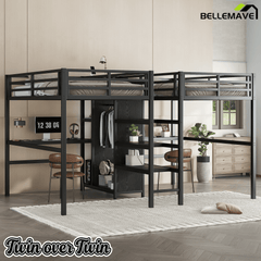 Bellemave® Twin Over Twin Metal Loft Bed with Desk,Wardrobe & Charging Station and Shelves for 2 Kids,Woodgrain - Bellemave