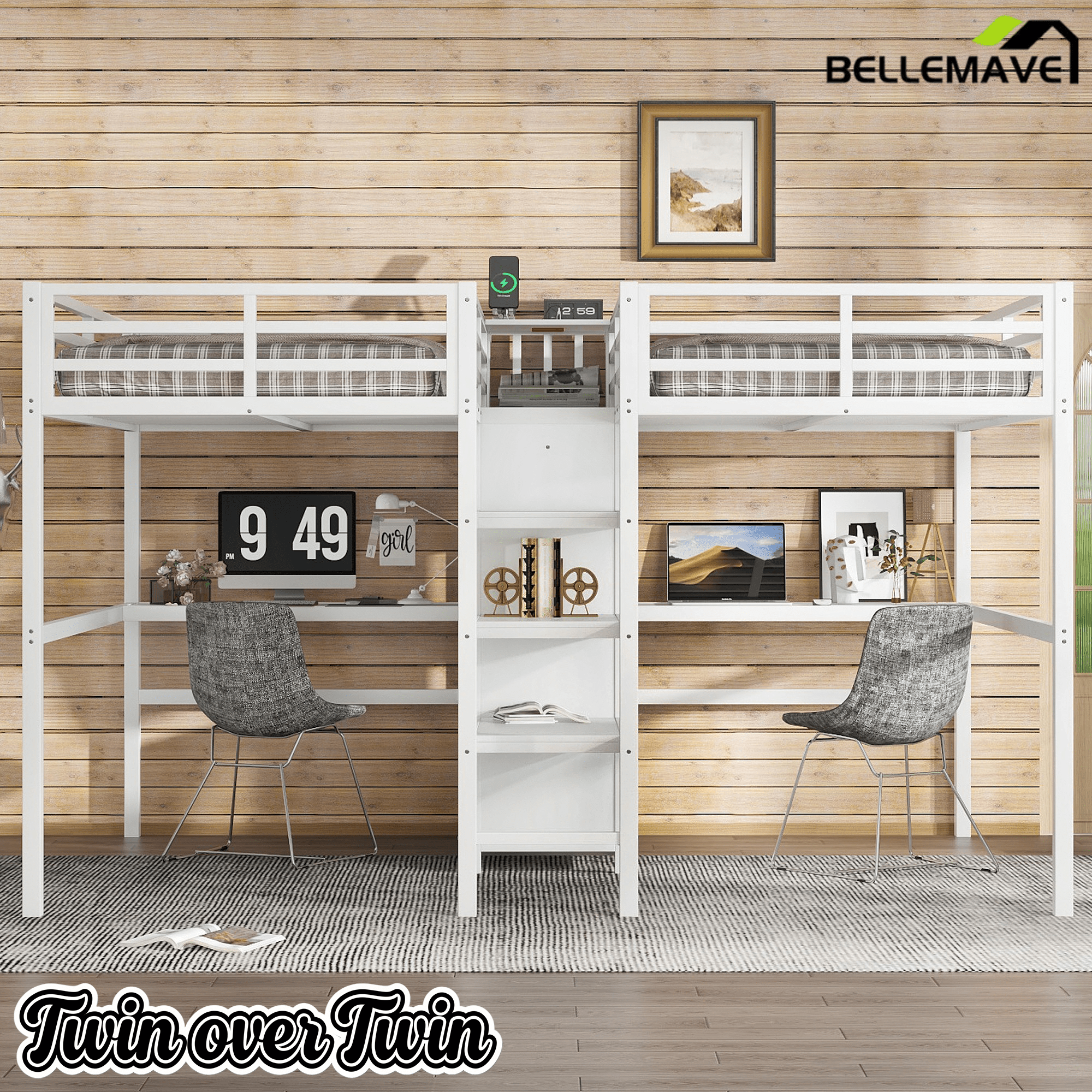 Bellemave® Twin Over Twin Metal Loft Bed with Desk,Wardrobe & Charging Station and Shelves for 2 Kids,Woodgrain - Bellemave