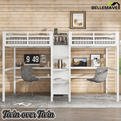 Bellemave® Twin Over Twin Metal Loft Bed with Desk,Wardrobe & Charging Station and Shelves for 2 Kids,Woodgrain - Bellemave