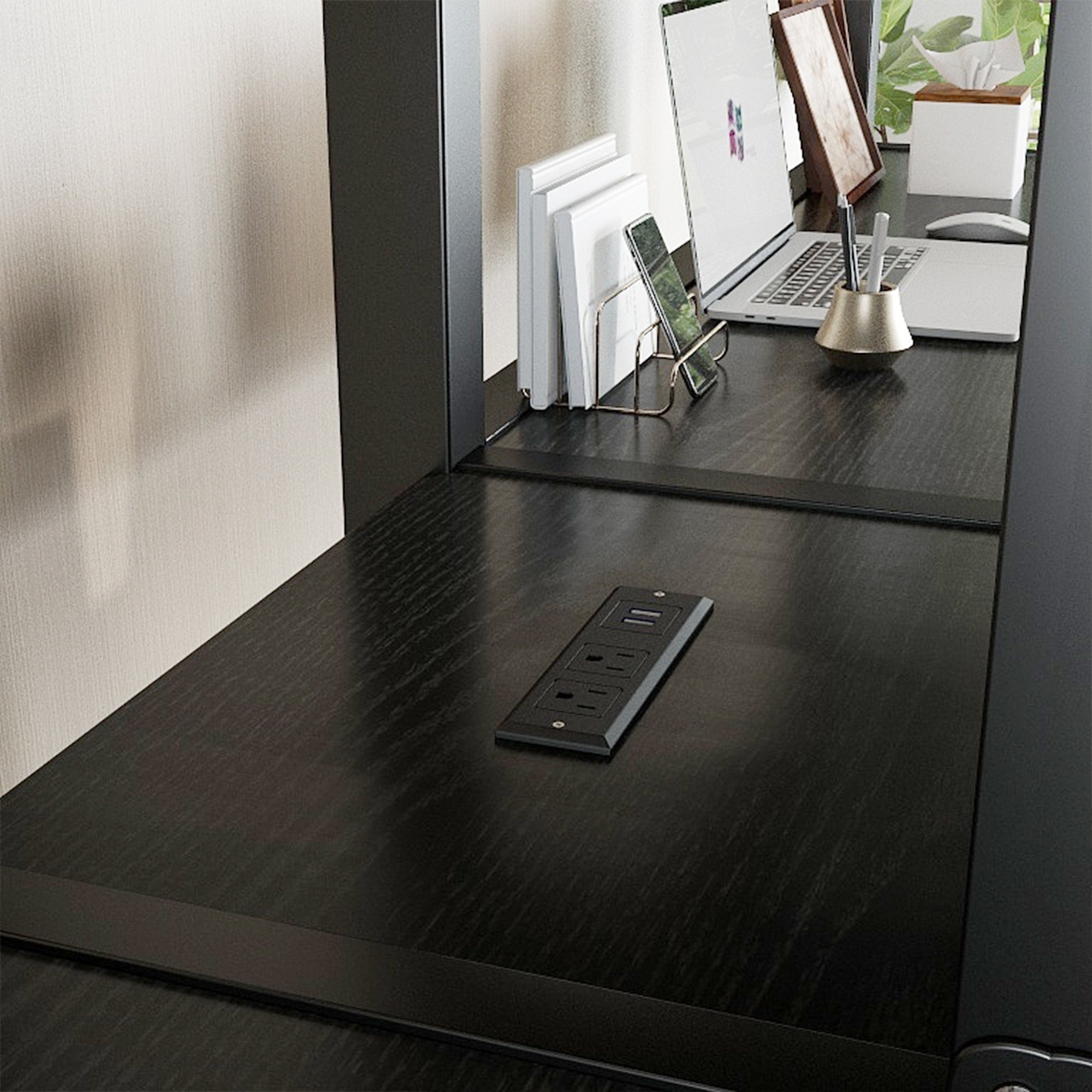 Bellemave® Twin Over Twin Metal Loft Bed with Desk,Wardrobe & Charging Station and Shelves for 2 Kids,Woodgrain - Bellemave