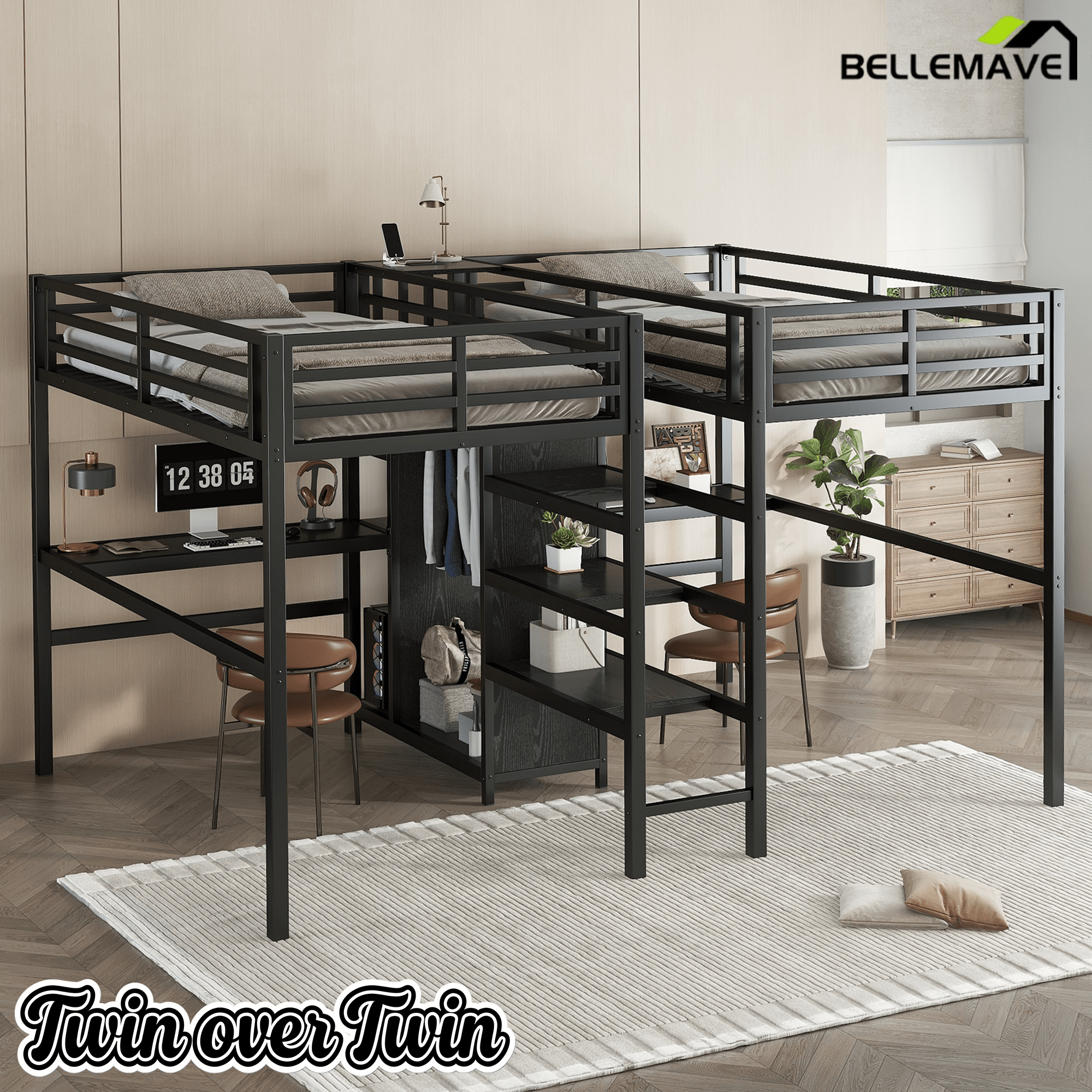 Bellemave® Twin Over Twin Metal Loft Bed with Desk,Wardrobe & Charging Station and Shelves for 2 Kids,Woodgrain - Bellemave