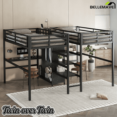 Bellemave® Twin Over Twin Metal Loft Bed with Desk,Wardrobe & Charging Station and Shelves for 2 Kids,Woodgrain - Bellemave