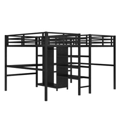 Bellemave® Twin Over Twin Metal Loft Bed with Desk,Wardrobe & Charging Station and Shelves for 2 Kids,Woodgrain - Bellemave