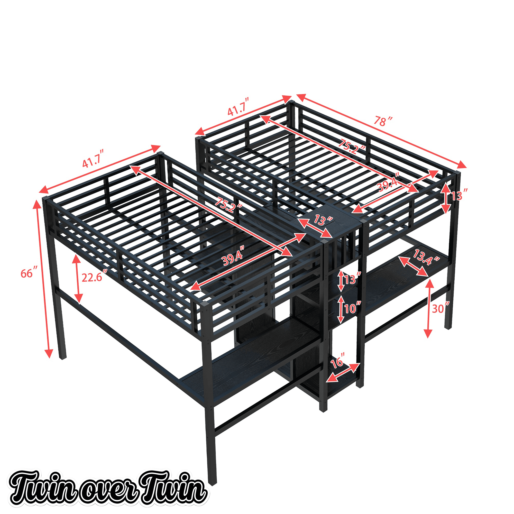 Bellemave® Twin Over Twin Metal Loft Bed with Desk,Wardrobe & Charging Station and Shelves for 2 Kids,Woodgrain - Bellemave