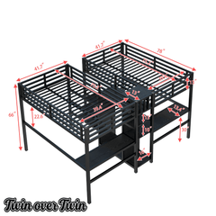 Bellemave® Twin Over Twin Metal Loft Bed with Desk,Wardrobe & Charging Station and Shelves for 2 Kids,Woodgrain - Bellemave