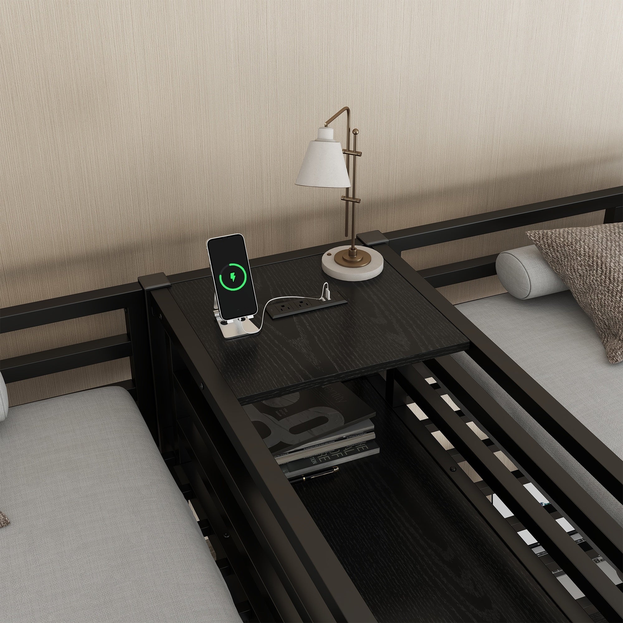 Bellemave® Twin Over Twin Metal Loft Bed with Desk,Wardrobe & Charging Station and Shelves for 2 Kids,Woodgrain - Bellemave