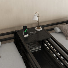 Bellemave® Twin Over Twin Metal Loft Bed with Desk,Wardrobe & Charging Station and Shelves for 2 Kids,Woodgrain - Bellemave