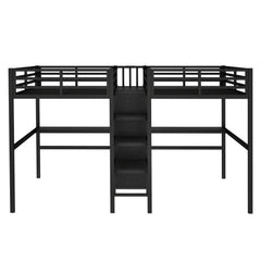 Bellemave® Twin Over Twin Metal Loft Bed with Double Desk, Wardrobe and Shelves with Electrical Outlet - Bellemave
