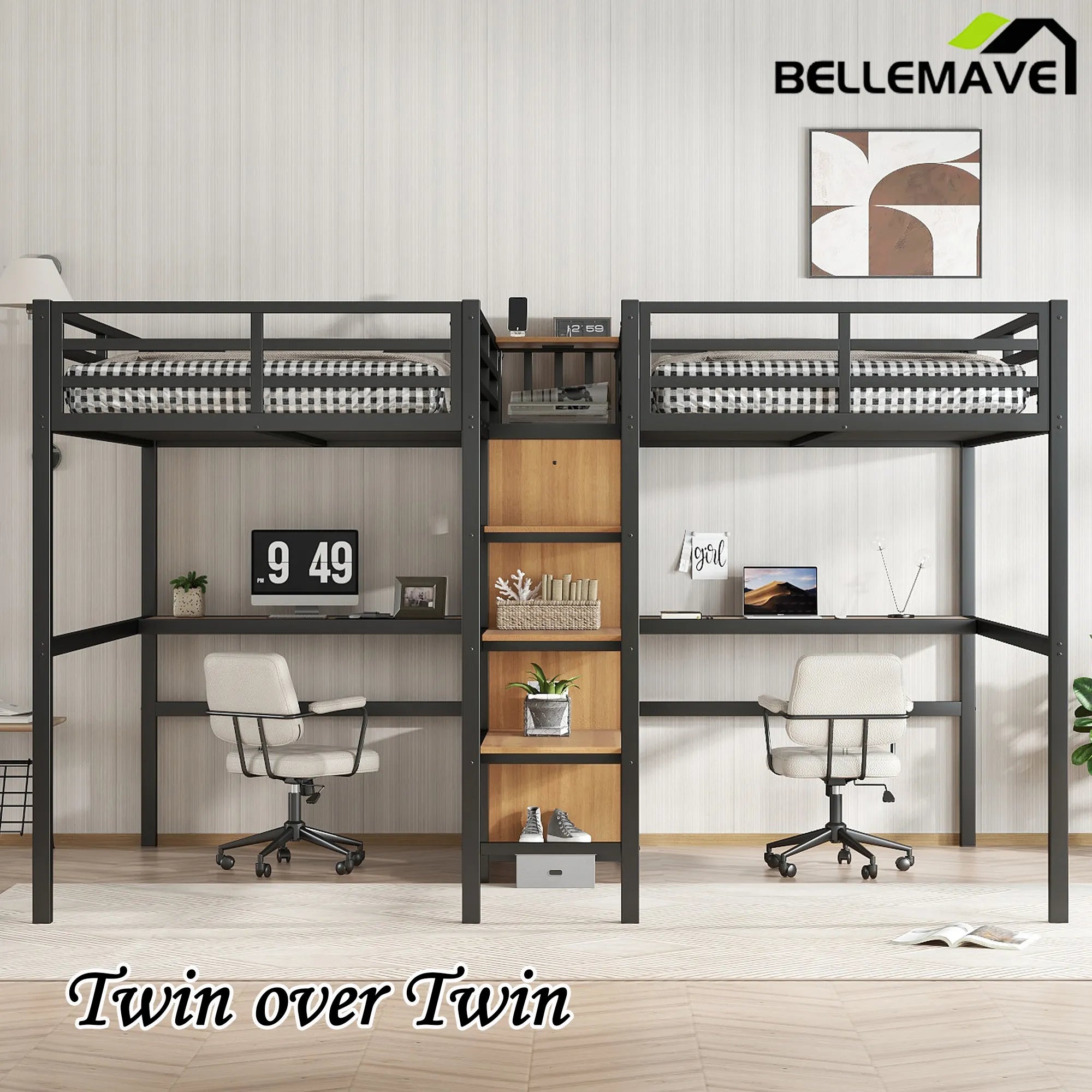 Bellemave® Twin Over Twin Metal Loft Bed with Double Desk, Wardrobe and Shelves with Electrical Outlet - Bellemave
