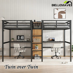 Bellemave® Twin Over Twin Metal Loft Bed with Double Desk, Wardrobe and Shelves with Electrical Outlet - Bellemave