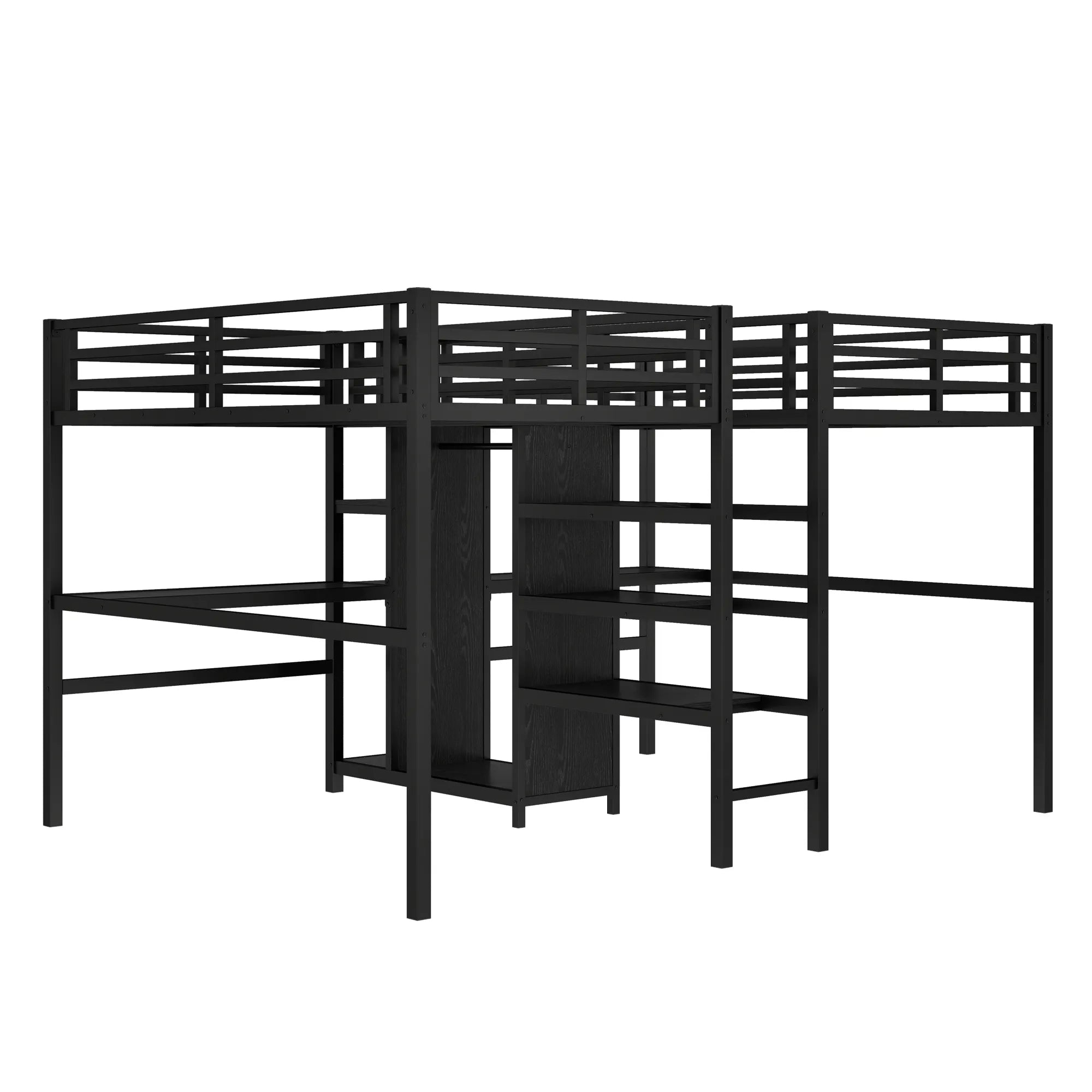Bellemave® Twin Over Twin Metal Loft Bed with Double Desk, Wardrobe and Shelves with Electrical Outlet - Bellemave
