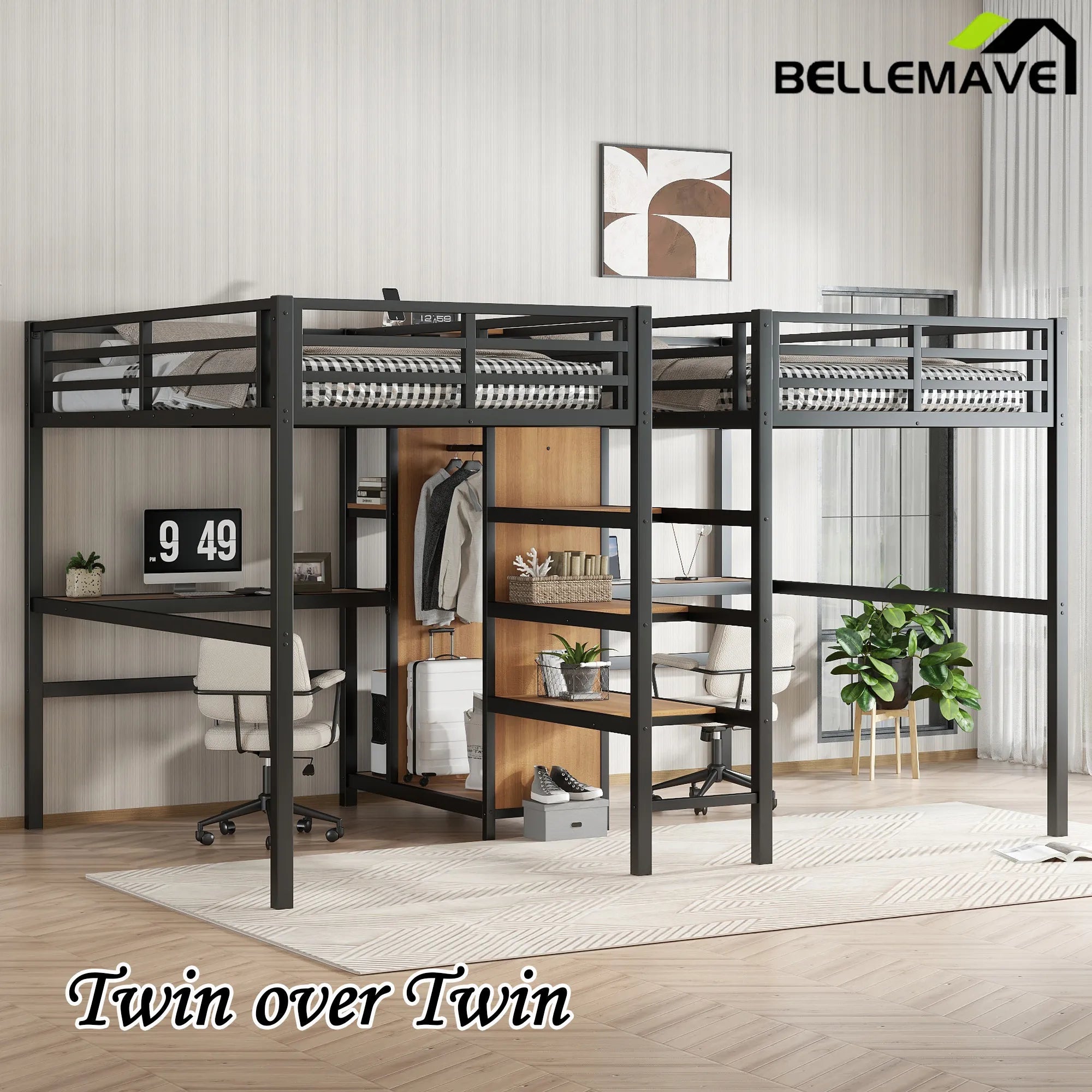 Bellemave® Twin Over Twin Metal Loft Bed with Double Desk, Wardrobe and Shelves with Electrical Outlet - Bellemave