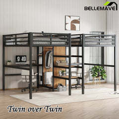 Bellemave® Twin Over Twin Metal Loft Bed with Double Desk, Wardrobe and Shelves with Electrical Outlet - Bellemave