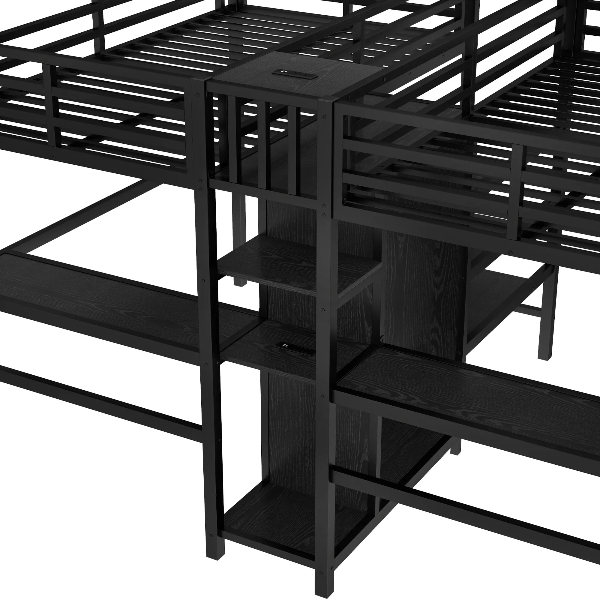 Bellemave® Twin Over Twin Metal Loft Bed with Double Desk, Wardrobe and Shelves with Electrical Outlet - Bellemave