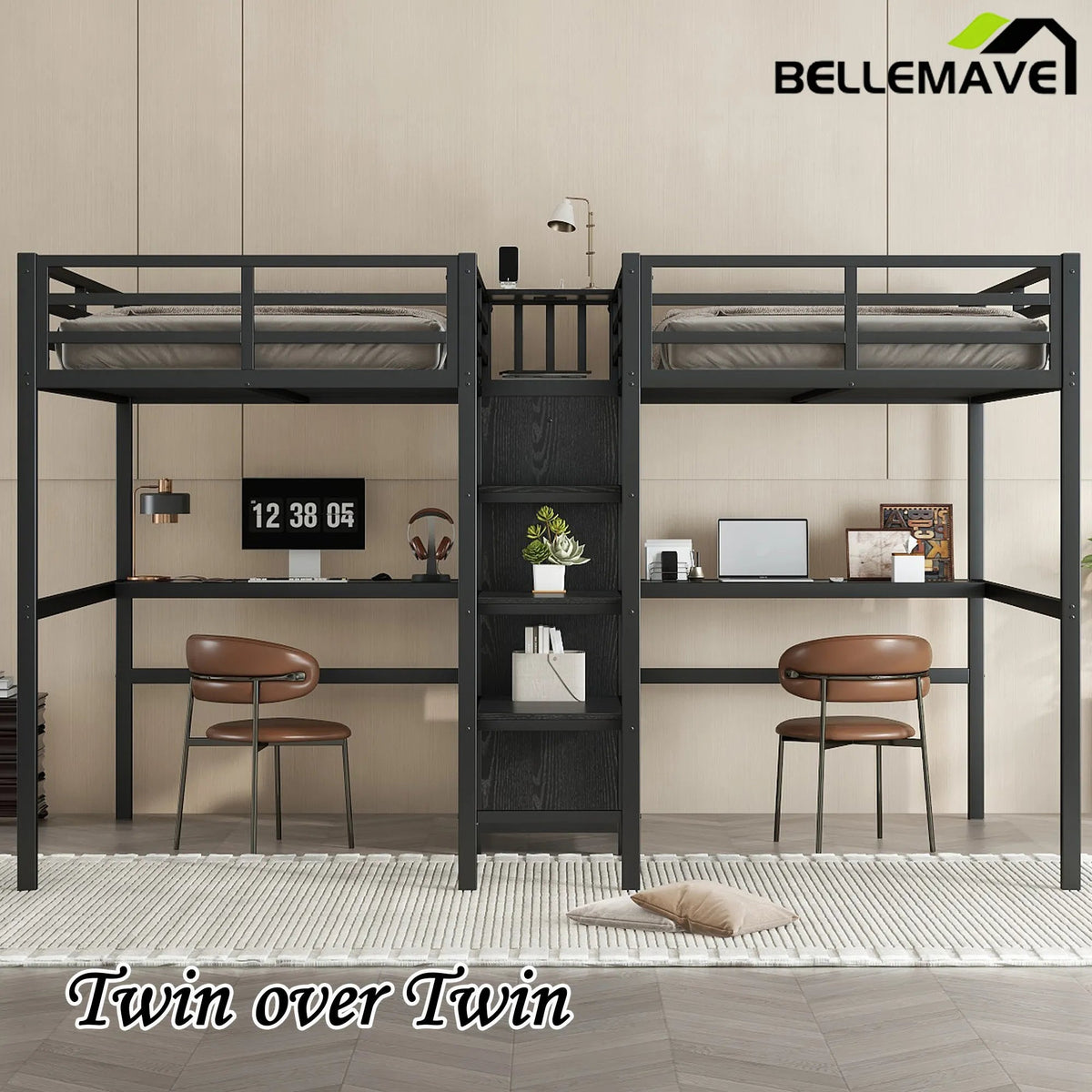 Bellemave® Twin Over Twin Metal Loft Bed with Double Desk, Wardrobe and Shelves with Electrical Outlet - Bellemave