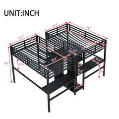 Bellemave® Twin Over Twin Metal Loft Bed with Double Desk, Wardrobe and Shelves with Electrical Outlet - Bellemave