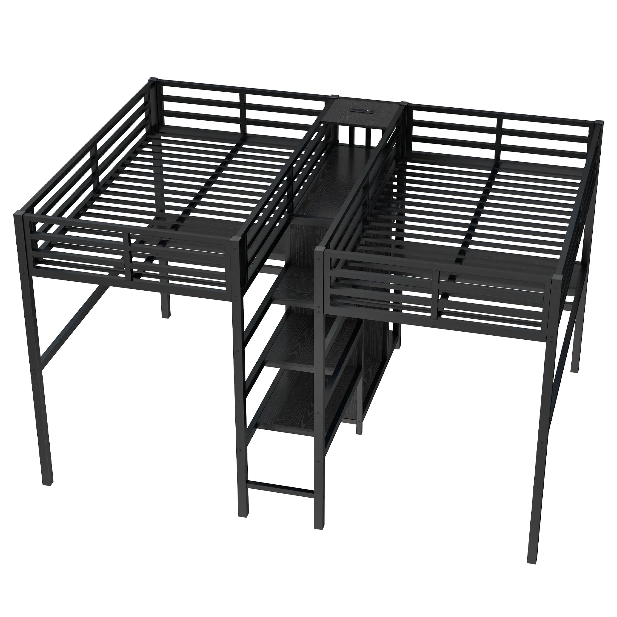Bellemave® Twin Over Twin Metal Loft Bed with Double Desk, Wardrobe and Shelves with Electrical Outlet - Bellemave