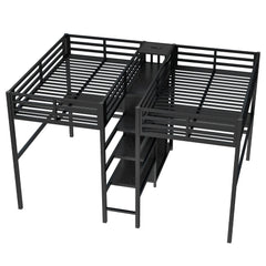 Bellemave® Twin Over Twin Metal Loft Bed with Double Desk, Wardrobe and Shelves with Electrical Outlet - Bellemave