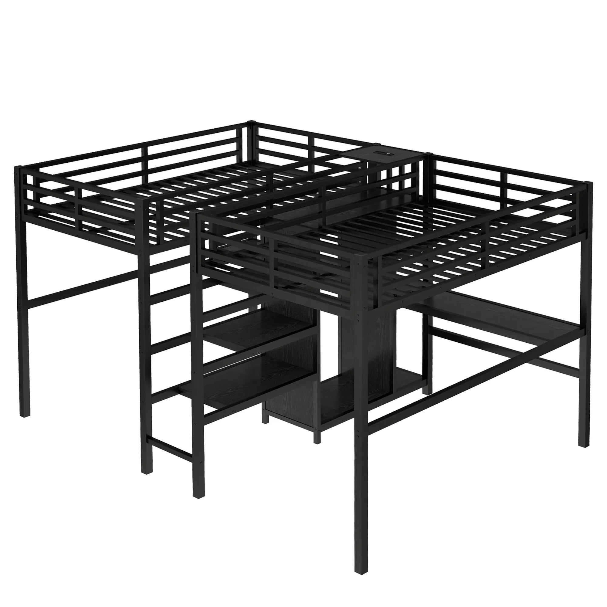 Bellemave® Twin Over Twin Metal Loft Bed with Double Desk, Wardrobe and Shelves with Electrical Outlet - Bellemave