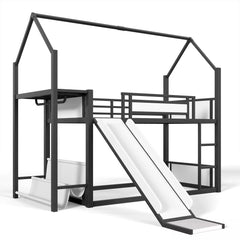 Bellemave® Twin Over Twin Metal Playhouse Bunk Bed with Slide, Power Outlet, LED Hanging Rack & Fabric Storage Shelf - Bellemave