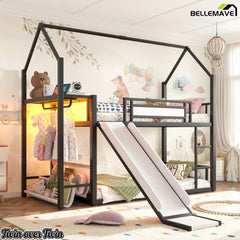 Bellemave® Twin Over Twin Metal Playhouse Bunk Bed with Slide, Power Outlet, LED Hanging Rack & Fabric Storage Shelf - Bellemave