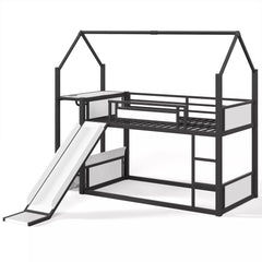 Bellemave® Twin Over Twin Metal Playhouse Bunk Bed with Slide, Power Outlet, LED Hanging Rack & Fabric Storage Shelf - Bellemave