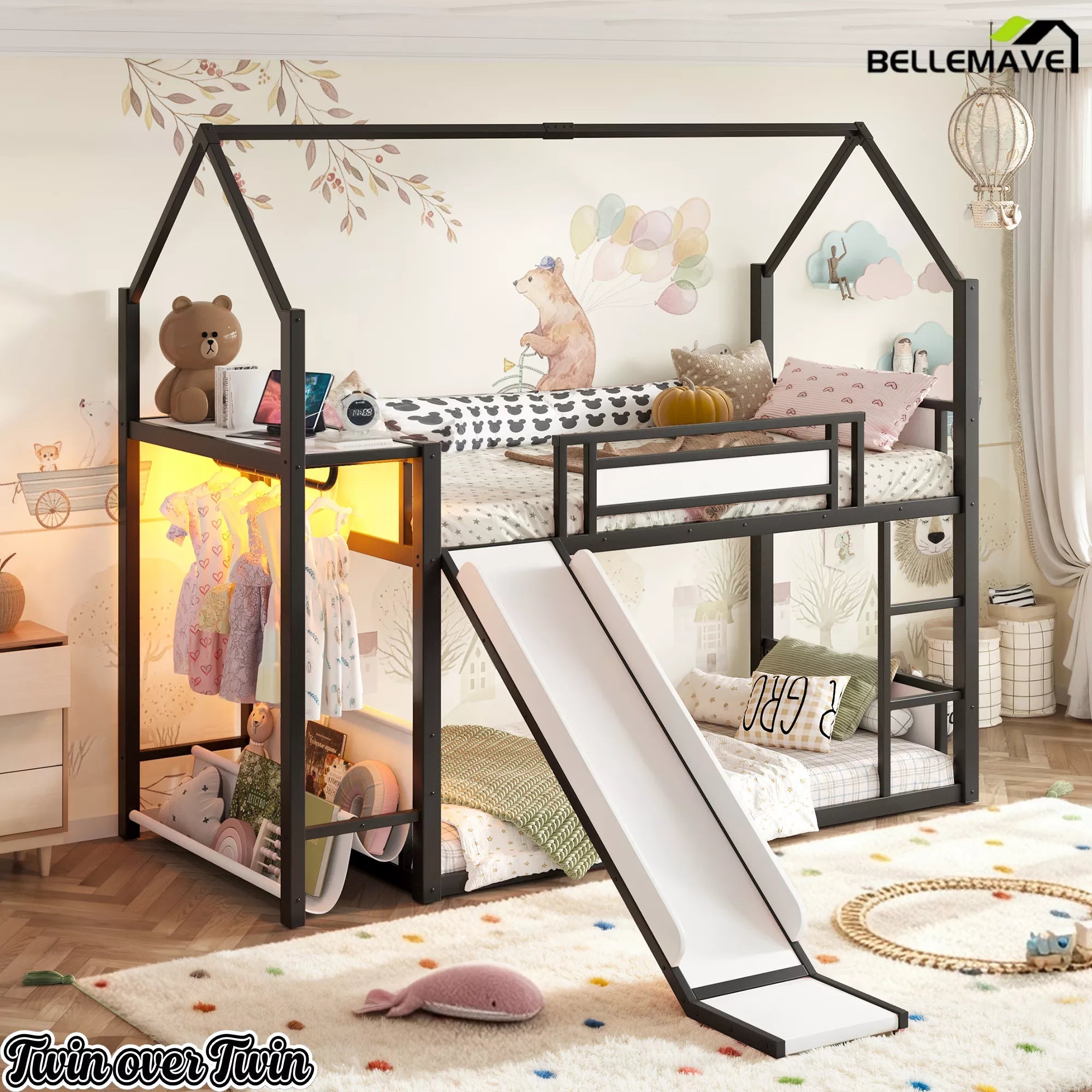 Bellemave® Twin Over Twin Metal Playhouse Bunk Bed with Slide, Power Outlet, LED Hanging Rack & Fabric Storage Shelf - Bellemave