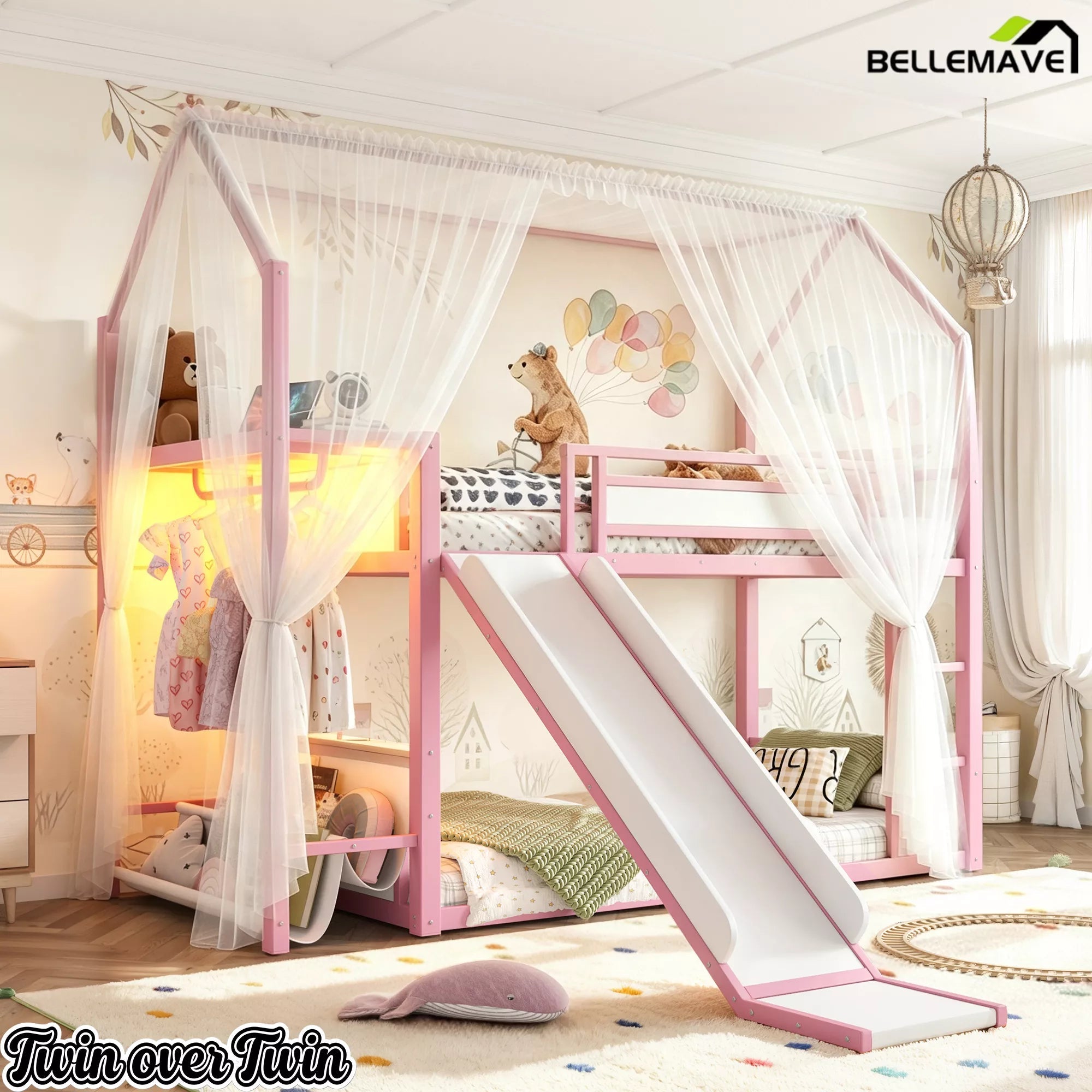 Bellemave® Twin Over Twin Metal Playhouse Bunk Bed with Slide, Power Outlet, LED Hanging Rack & Fabric Storage Shelf - Bellemave