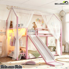 Bellemave® Twin Over Twin Metal Playhouse Bunk Bed with Slide, Power Outlet, LED Hanging Rack & Fabric Storage Shelf - Bellemave