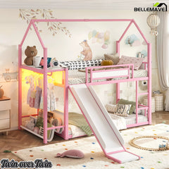 Bellemave® Twin Over Twin Metal Playhouse Bunk Bed with Slide, Power Outlet, LED Hanging Rack & Fabric Storage Shelf - Bellemave