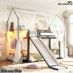 Bellemave® Twin Over Twin Metal Playhouse Bunk Bed with Slide, Power Outlet, LED Hanging Rack & Fabric Storage Shelf - Bellemave