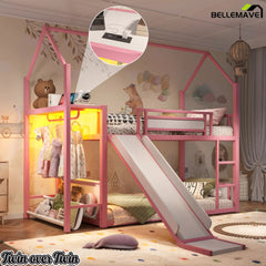 Bellemave® Twin Over Twin Metal Playhouse Bunk Bed with Slide, Power Outlet, LED Hanging Rack & Fabric Storage Shelf - Bellemave