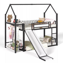 Bellemave® Twin Over Twin Metal Playhouse Bunk Bed with Slide, Power Outlet, LED Hanging Rack & Fabric Storage Shelf - Bellemave