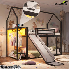 Bellemave® Twin Over Twin Metal Playhouse Bunk Bed with Slide, Power Outlet, LED Hanging Rack & Fabric Storage Shelf - Bellemave