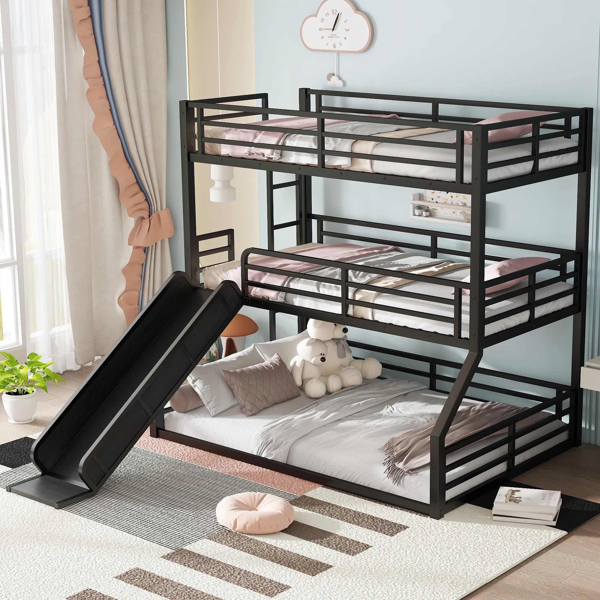 Bellemave® Twin over Twin over Full Heavy - duty Metal Triple Bunk Bed with Slide and Safety Guardrails - Bellemave