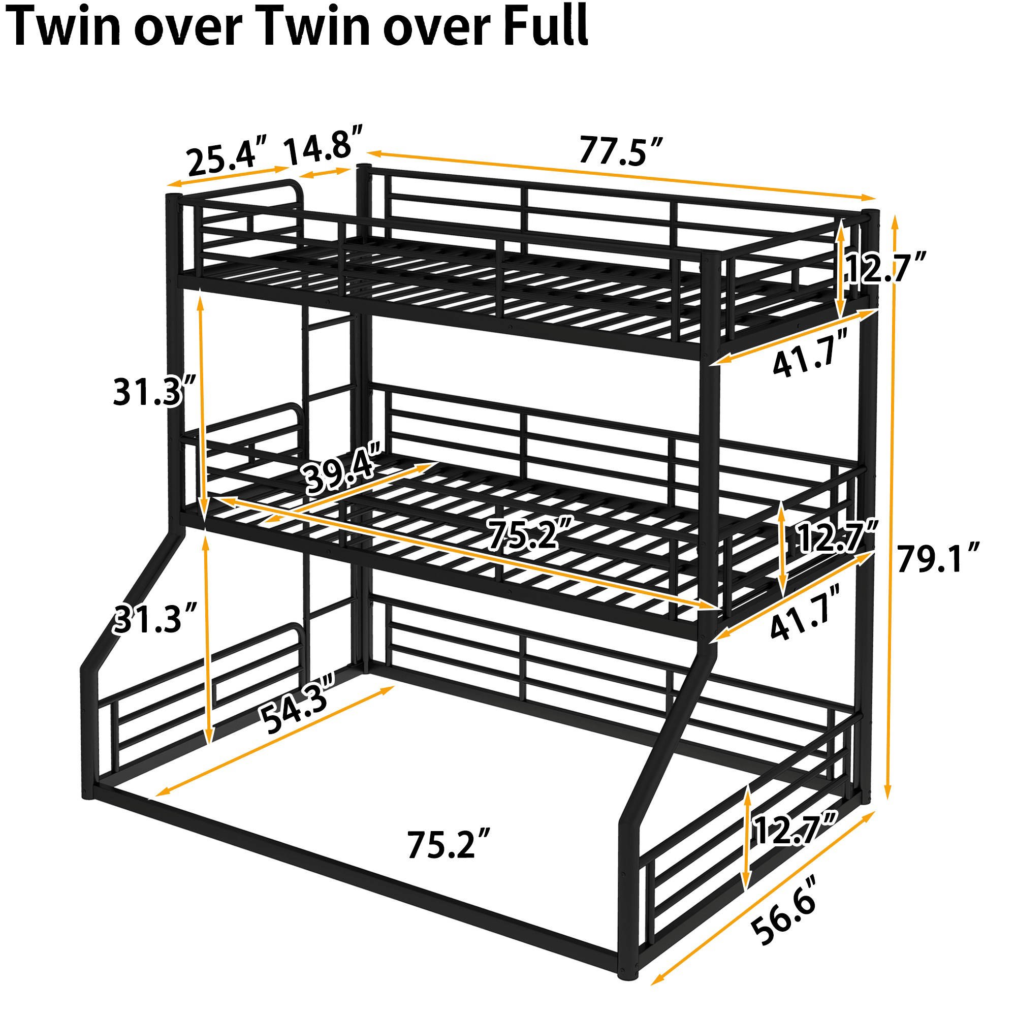 Bellemave® Twin Over Twin Over Full Metal Triple Bunk Bed with Full - Length Guardrails - Bellemave